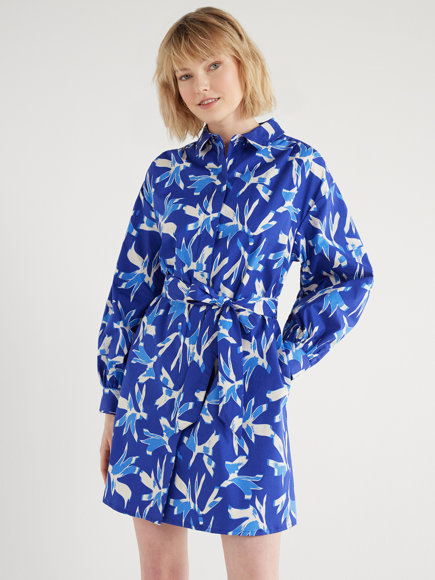 Scoop Women's Balloon Sleeve Poplin Shirtdress with Pockets, Sizes XS-XXL